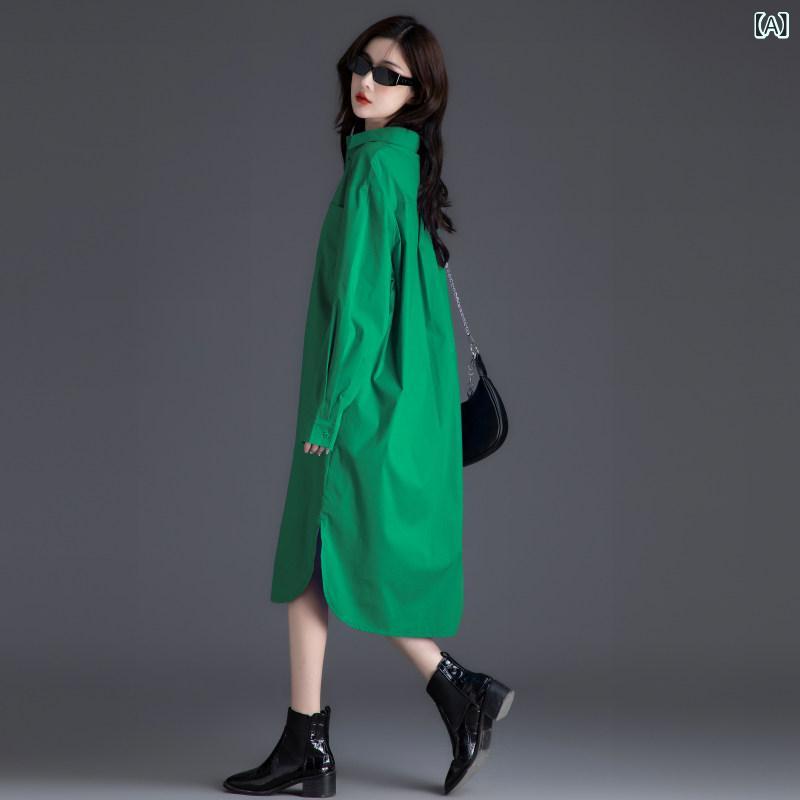ロングシャツ ドレス エレガント シャツ ワンピース レディース 春秋 2025 スリム ミディアムと ロング スタイル 無地 ハイエンド 小さい 長袖