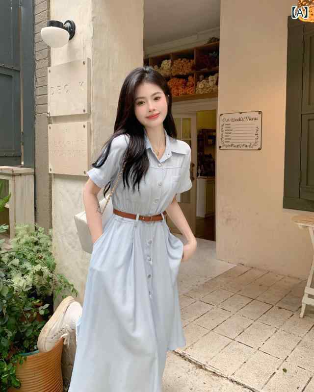 ロングシャツ ドレス エレガント 女性用 半袖 ブルー ドレス 大きめ サイズ 通勤 シャツ 夏の 職場 面接 太めの mm フォーマルな 機会の ロング