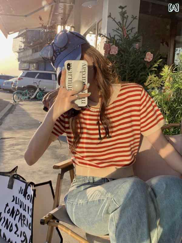 ボーダー ストライプ Tシャツ レディース レトロ ストライプ 半袖 Tシャツ レディース 夏 ラウンドネック 冷感 セーター センス スリム ショート トップ イン
