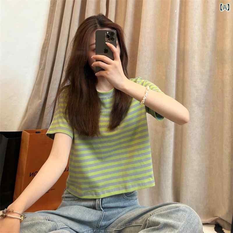 ボーダー ストライプ Tシャツ レディース 女性用 グリーンストライプ ショルダー 半袖 Tシャツ 夏の スタイル ゆったり 小さい サイズ カジュアル ハイウエスト ショート トップ
