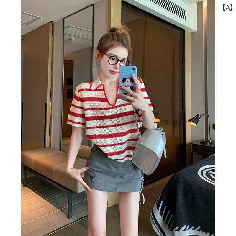 ボーダー ストライプ Tシャツ レディース レッドストライプの Vネック ニット 半袖 Tシャツ レディース 2025夏 小さい ポロ カラー ストレート ショルダー 万能 トップス