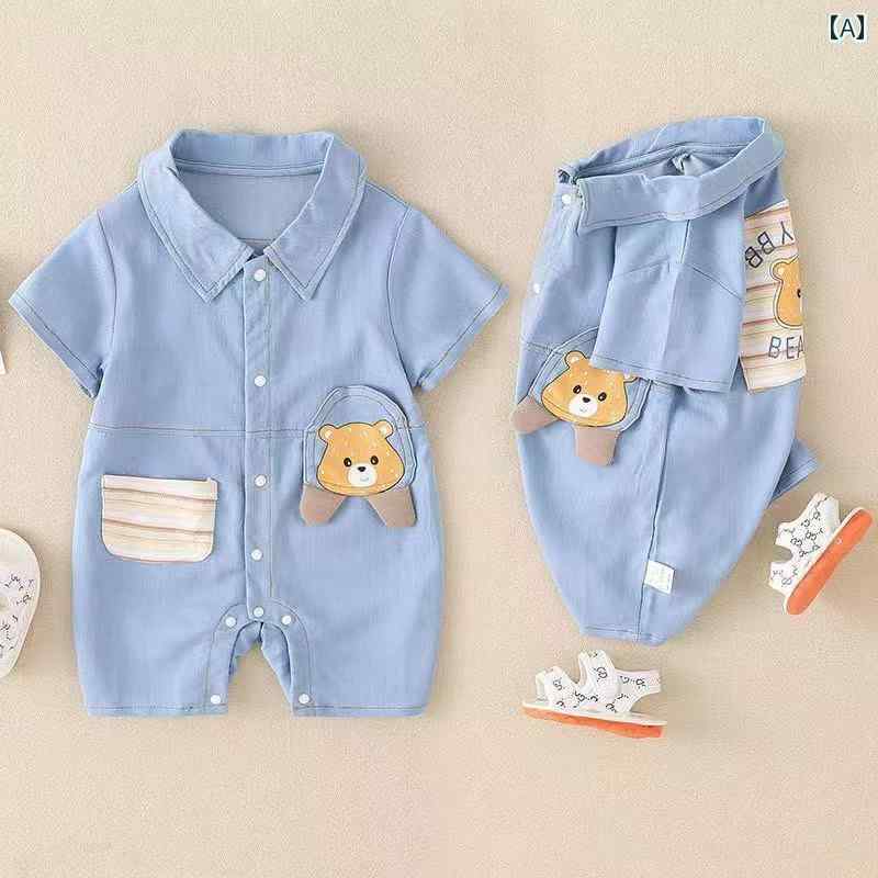 快適 ベビー服 半袖 コットン タイムズ ベビー ボーイズ 夏用 半袖 デニム ジャンプスーツ 100日 服 クマ お出かけ