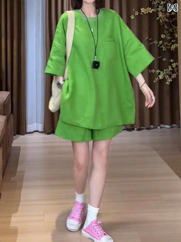 ゆったり ルームウェア レディース 高級 カジュアル リネン スーツ レディース 2025夏 Tシャツ ゆったり トップス ショート パンツ ツーピース