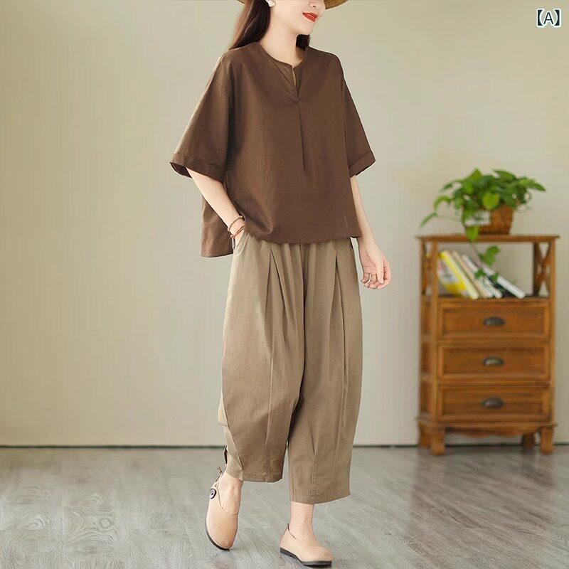 ゆったり ルームウェア レディース レトロ アーティスティック コットン& リネン パンツ スーツ レディース 夏 カジュアル 大きいサイズレディース ツーピース|LAONsChoice