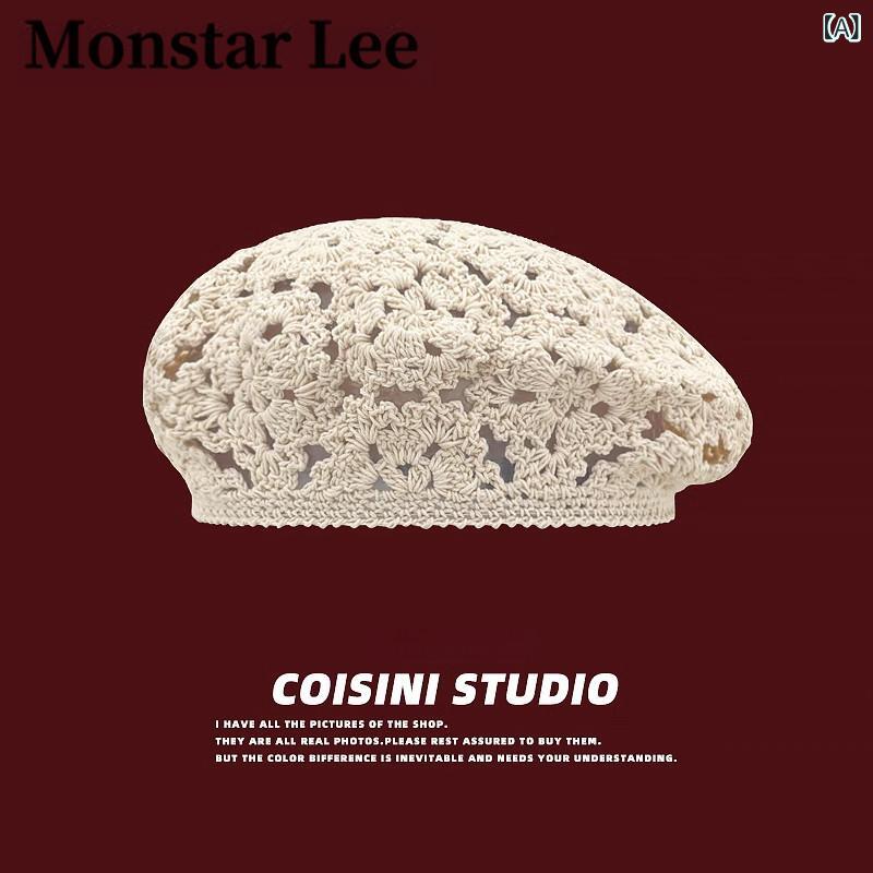 ベレー帽 愛くるしげ 旗がしら Monstar Lee レトロ 手編みの  ベレー 帽 夏用 レディース 薄型 引っかかり 花 ペインター