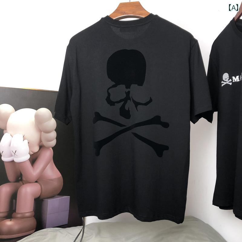 スカル Tシャツ 骸骨 スカル Tシャツ メンズ MMJ ダーク スタイル ストリート ファッション フロッキング 半袖 シャツ 夏