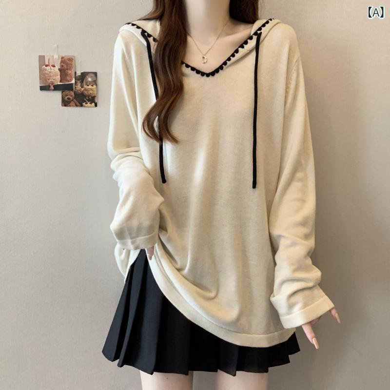 レディースパーカー 薄手 涼しい 薄手 冷感 セーター Vネック フード付き ストレート ショルダー 長袖 Tシャツ 女性 2025 春と 夏 大きいサイズ mm ミディアム 丈 トップス