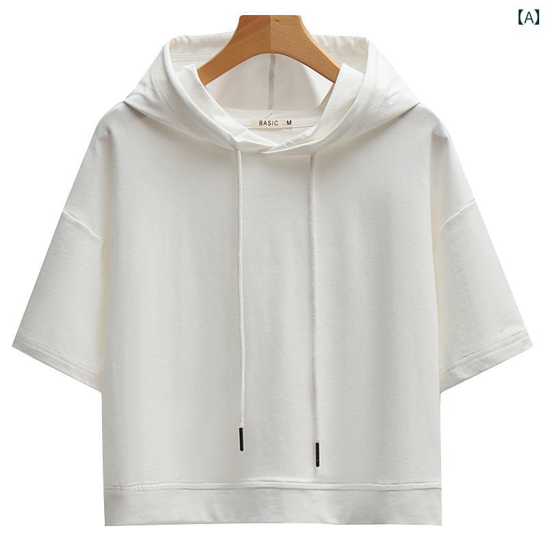 レディースパーカー 薄手 涼しい 女性用 ホワイト ショート 夏 半袖 Tシャツ 薄手 コットン セーター 小さめ ゆったり フード付き