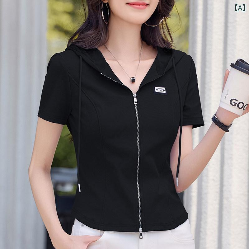 快適 涼しい パーカー フード付き ジッパー 半袖 Tシャツ レディース 2025 夏 スタイル ドローストリング カーディガン スリムフィット トップ スリム