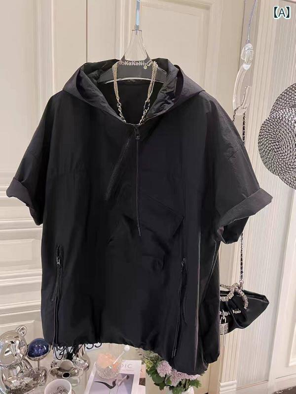 快適 涼しい パーカー フード付き 半袖 日焼け防止 服 春秋 女性用 の 商品 不規則な Tシャツ 太った mmの パーカー セーター 薄手 トップス