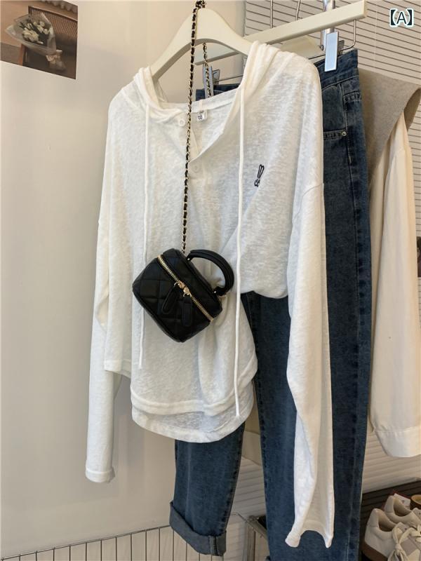 快適 涼しい パーカー ガールの 夏の ゆったり 長袖 Tシャツ レディース 薄手 フード付き 日焼け防止 ジャケット ブラウス トップス
