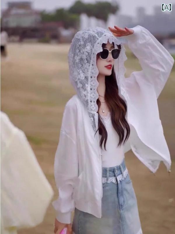 快適 涼しい パーカー レース ステッチの 白い フード付き 日焼け防止 服 女性用 2025年 ホットな 年齢を 減らす レジャー 春 ライト ショート ジャケット