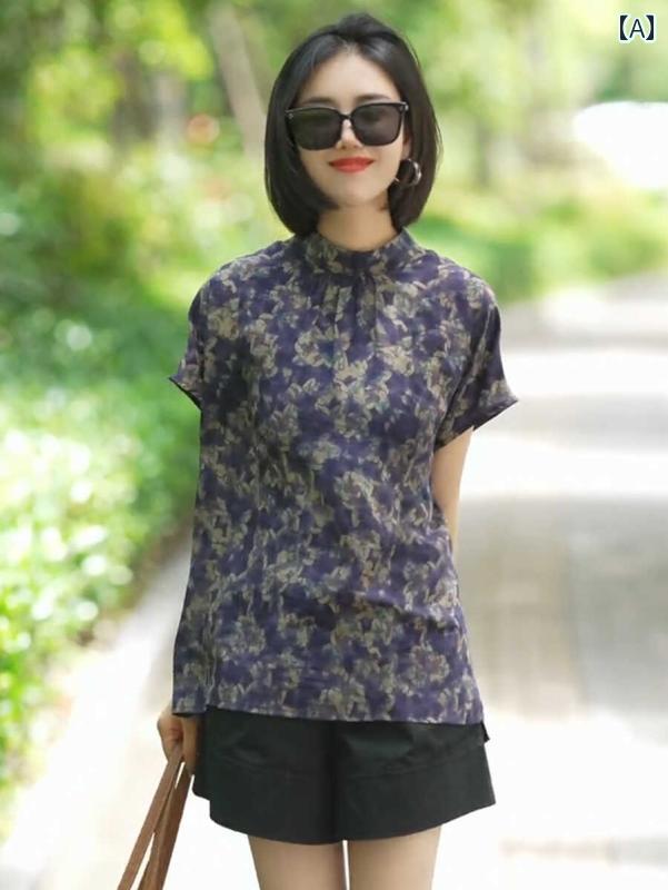 レディース 花柄シャツ かわいい センスの ある 田園 風の ゆったり シャツ レディース 2025夏の クールな 花柄 レギュラー 半袖 ハーフ ハイネック