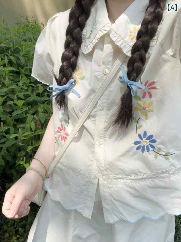 レディース 半袖シャツ かわいい ドール カラー シャツ レディース 夏服 スーツ フレンチスタイル 半袖 スカート 森 刺繍 花柄 スモール トップ