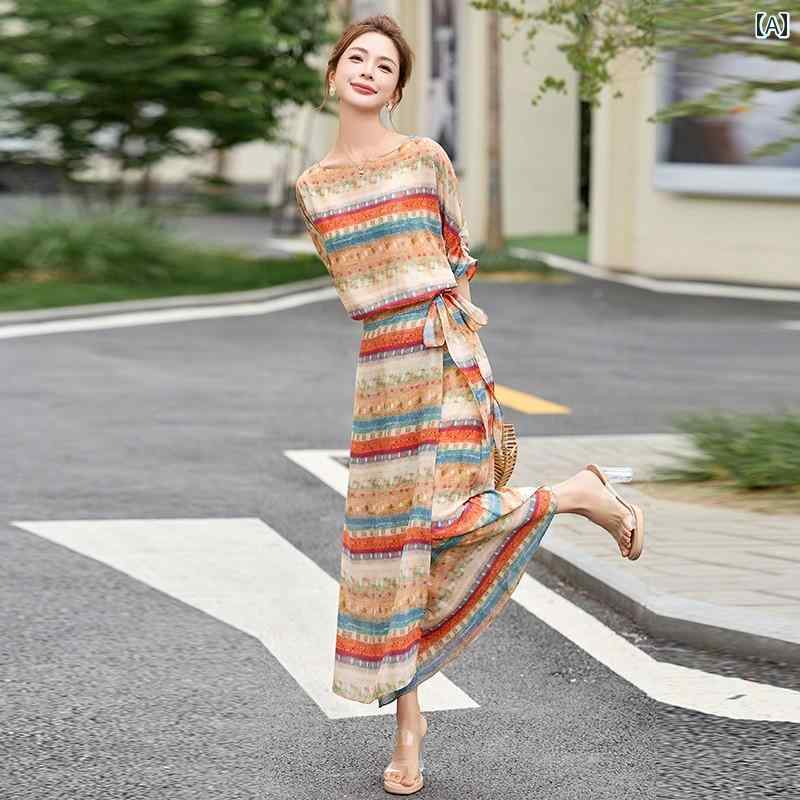 レディース ワンピース ロング丈 レディース 非常に 美しい プリント ドレス 2025 夏の スタイル ユニークな ウエスト スリム ロング スカート｜LAONsChoice