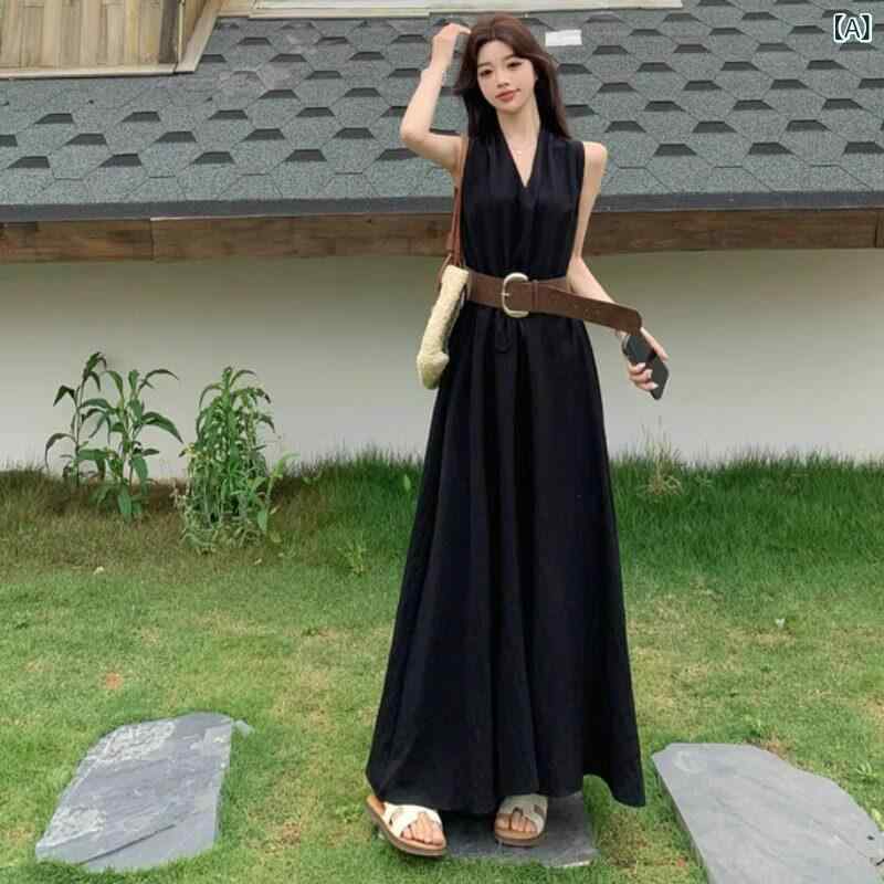 レディース ワンピース ロング丈 な 夏の レディース 黒の Vネック ホルター ドレス 太った mmの 大きいサイズ ウエストを 細くする ノースリーブの aラインの ロング スカート