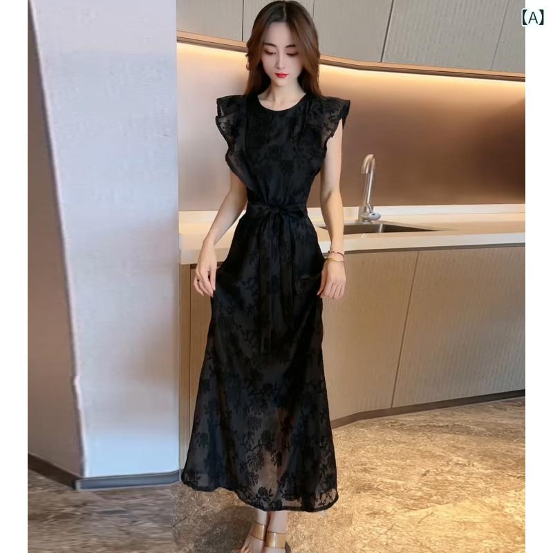 レディース ワンピース ロング丈 のの 美しい 黒の ドレスの 女性 2025 夏の ハイエンド 重い 小さい フライング スリーブ プリンセス ロング ドレス
