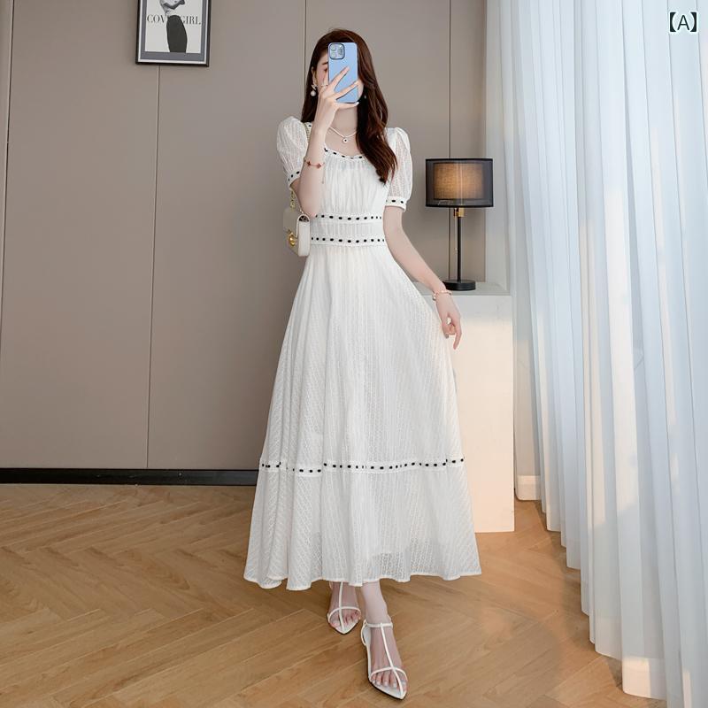 綺麗め 清楚 ワンホン フレンチ 白い ドレス 女性用 夏 2025年 ハイエンドな スリム 優しい aラインの フェアリー ロング スカート