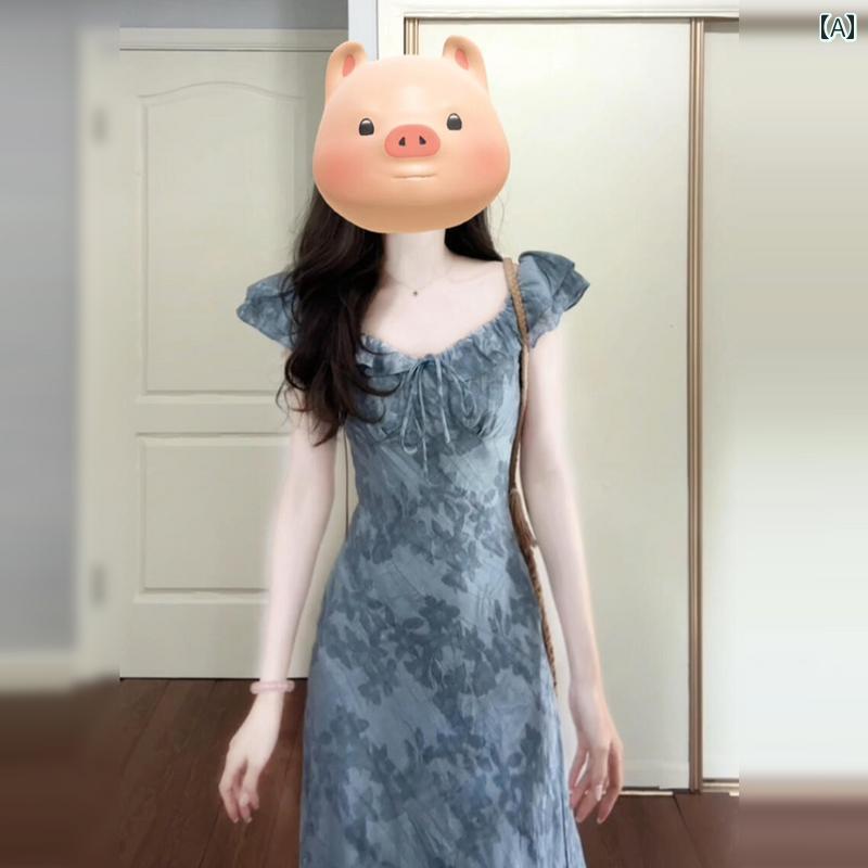 綺麗め 清楚 ワンホン フレンチブルーの 花柄の 小さい フライング スリーブドレス レディース 服 夏 2025 ユニークな 美しい ロング ドレス