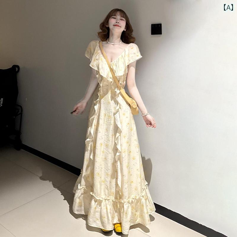 綺麗め 清楚 ワンホン 2025年 フリル Vネック イエロー フローラル ドレス レディース 夏用 フレンチ 風の 優しい 雰囲気 ウエスト ロング