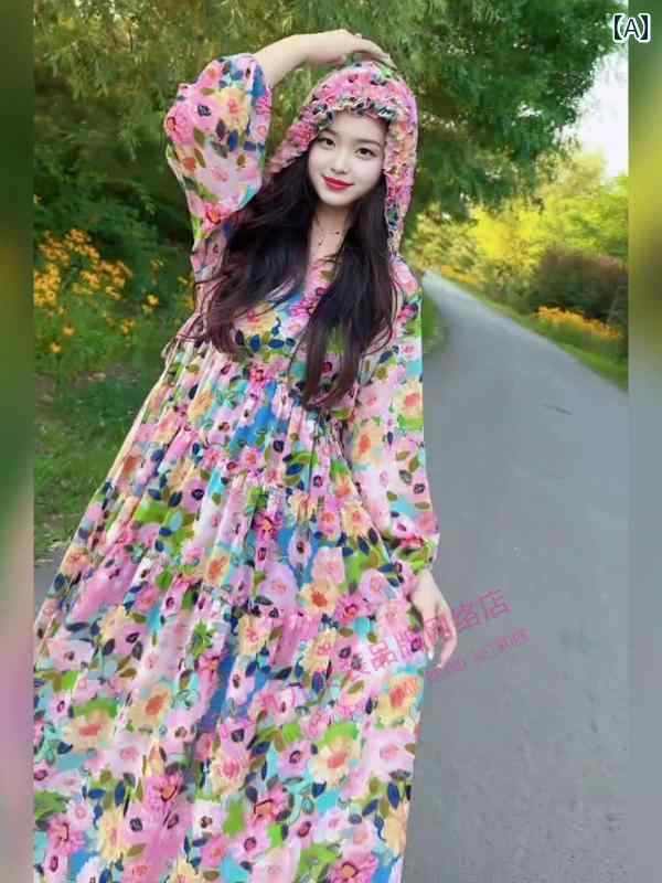 綺麗め 清楚 ワンホン な 夏の 花柄 フード付き ロング スカート レディース 年齢を 減らす 体型カバー カジュアル プリンセス スタイル ビーチ 4,351円
