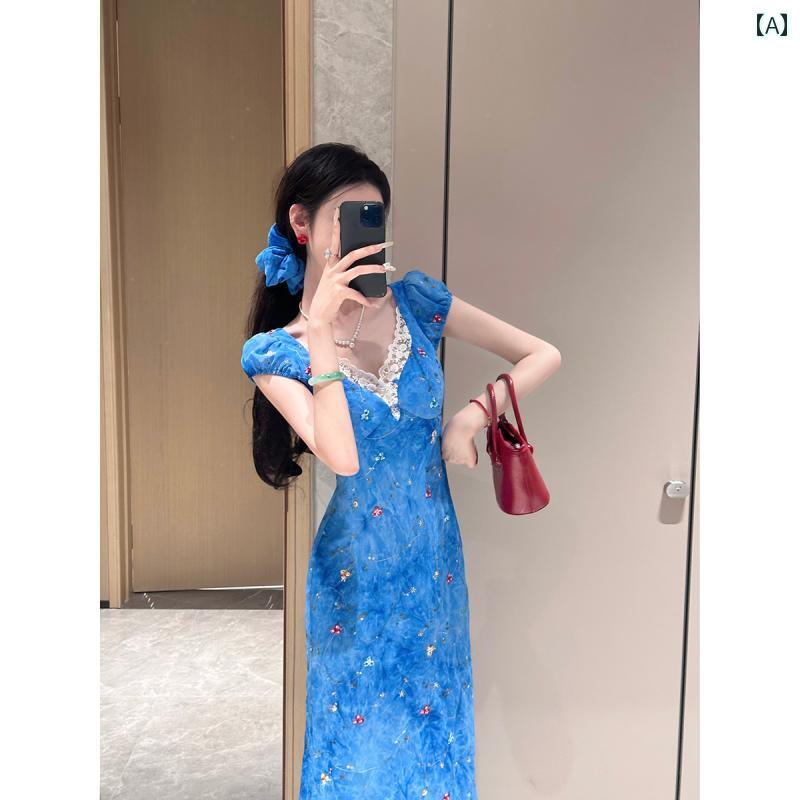 シンプル　ラフ　カジュアル Yaqiao Capri Blues 夏用 シフォン スリム 刺繍 半袖 フリル スリング ツー ウェア ドレス