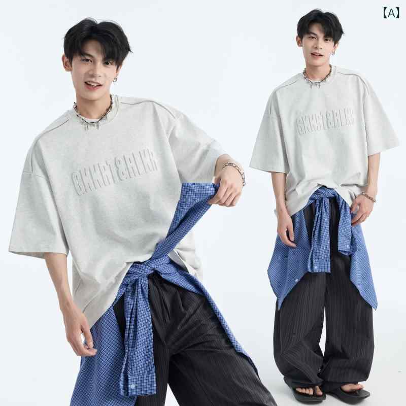ワンポイント Tシャツ おしゃれ GKKRT ヘビー スチール プリント レター 半袖 Tシャツ メンズ 夏 アメリカン レトロ カジュアル ラウンドネック トップ