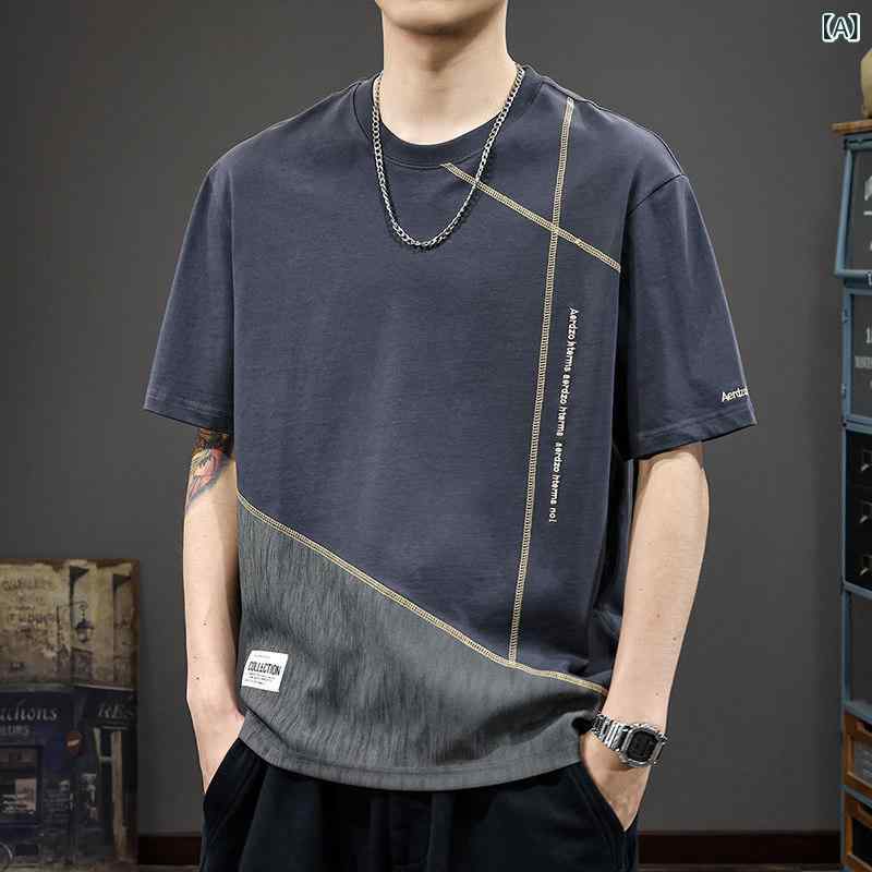 ワンポイント Tシャツ おしゃれ ヘビー スプライシング 半袖 Tシャツ メンズ アメリカ ファッション な 綿の トップ 夏の T