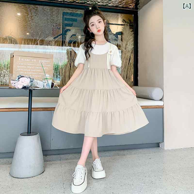 キッズ ドレス 女の子 ドレス サマー シフォン プリンセス 子供服 子供 フェイク ツーピース サスペンダー スカート