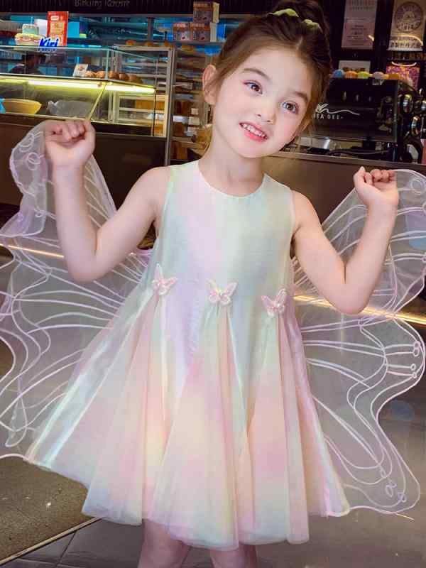 キッズ ドレス 女の子 プリンセス ドレス サマー 2025年 子供用 レインボー バタフライ ウィング ベスト ネットの 小さい
