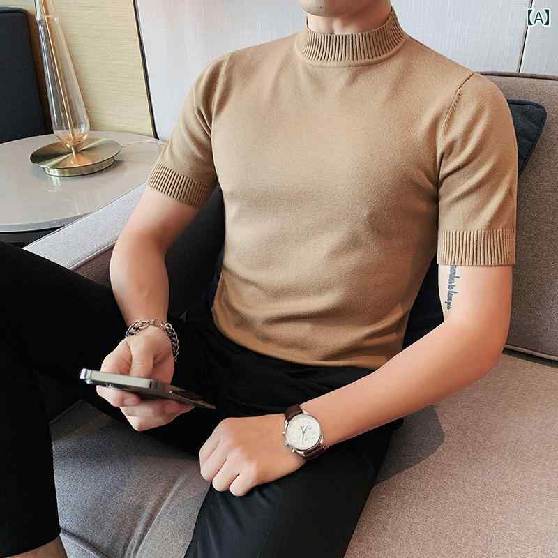 サマーニット 半袖ニット シンプル 半袖 セーター メンズ Tシャツ 2024 ハー フ タートルネック インナー 春 ミッド カラー ニット レイヤリング シャツ