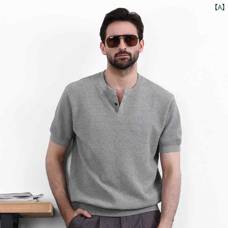 朱夏編み物 半袖編み物 分かりやすい Hanxu Fashion レトロ ヘンリー 色合い ワーヘル 風合い 編み物 半袖 ティーシャツ メンズ 夏 通気性 心地好い トップス