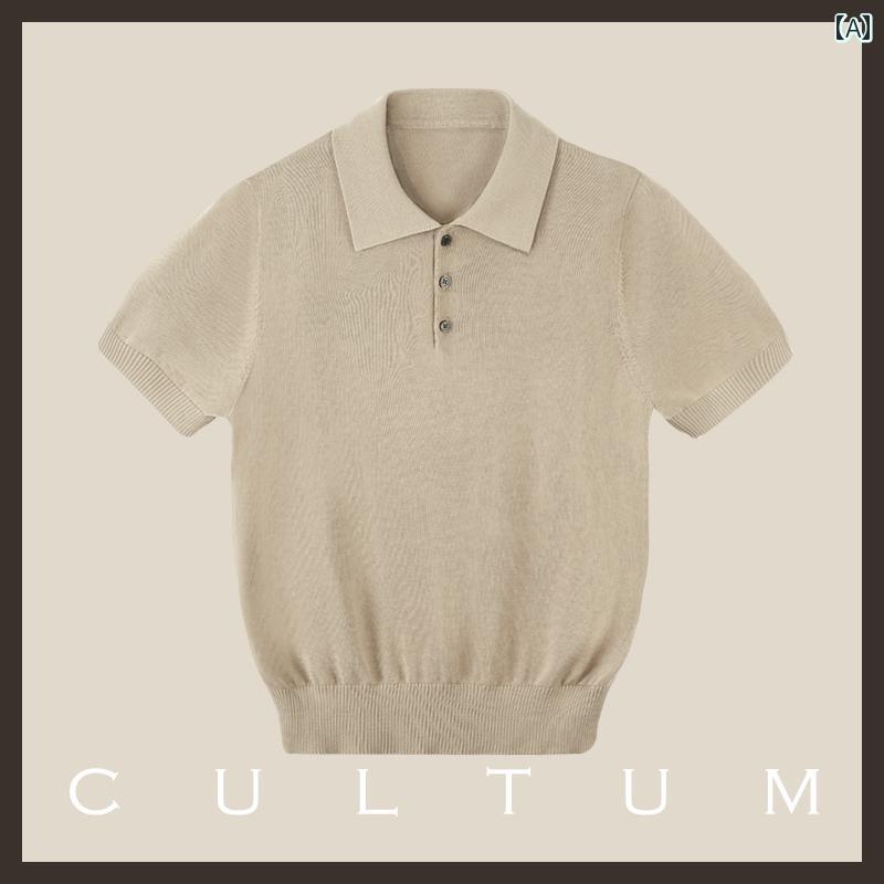 サマーニット 半袖ニット シンプル マルベリー シルク長 繊維 綿 CULTUM 春夏 通気性 ニット ポロシャツ メンズ 半袖 カジュアル ボタニカル シャツ