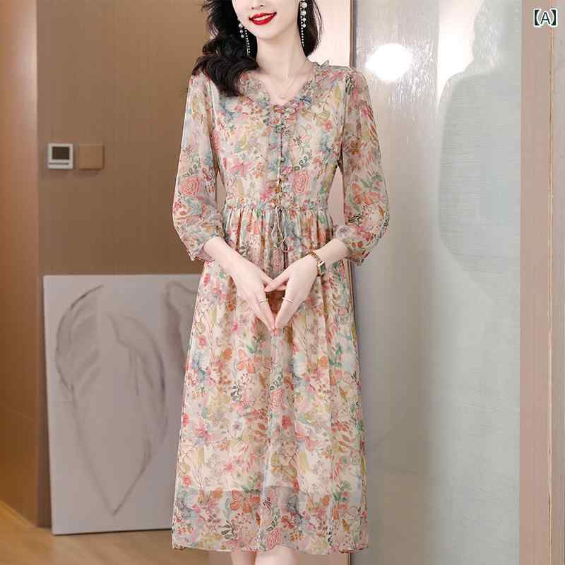 花柄ワンピース デート フェミニン 高級 花柄 ワンピース レディース 2025夏 マザー ウエスト フランス ミディアム ロング スタイル