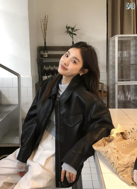 レディース ライダース 上衣 レトロ ハイエンド 黒いこと PU なめし革上衣 成人女性 スプチ 2025 秋 韓国 自動二輪車 ホンブルグ帽 いの一番 遊撃手