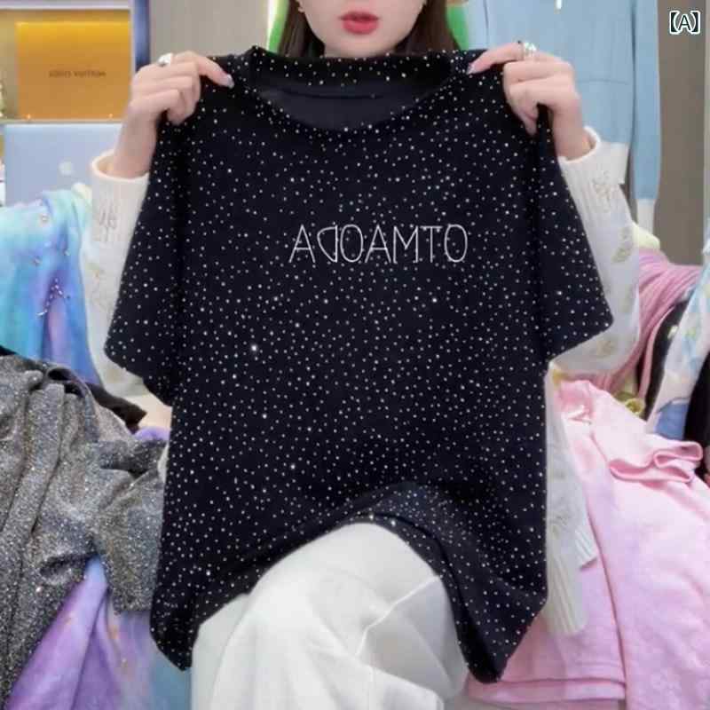レディース ポイント柄 Tシャツ の 高級 星空 ライト アップ キラキラ ブラック 半袖 Tシャツ 女性 2025 夏 スタイル 美しい 大きいサイズトップス
