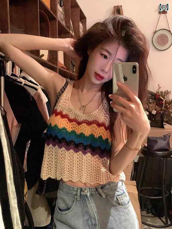 ノースリーブ ニット 女性用 2025年 初夏 サスペンダー ニット ベスト アウター ホルターネック ノースリーブ ストライプ ドーパミン セクシー スモール トップ