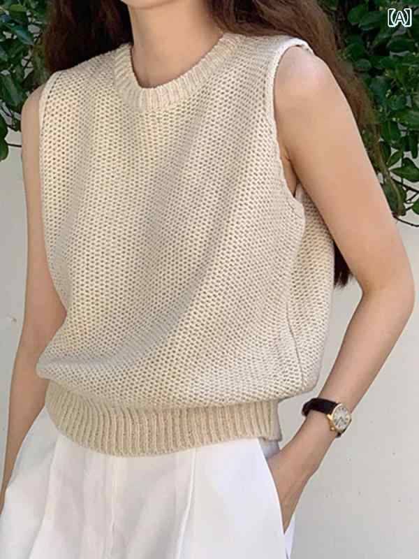 ノースリーブ ニット 女性用 夏用の フレンチ ニット ベスト 冷感の ノースリーブの ウエスト コート アウター用の ショート 丈の トップス