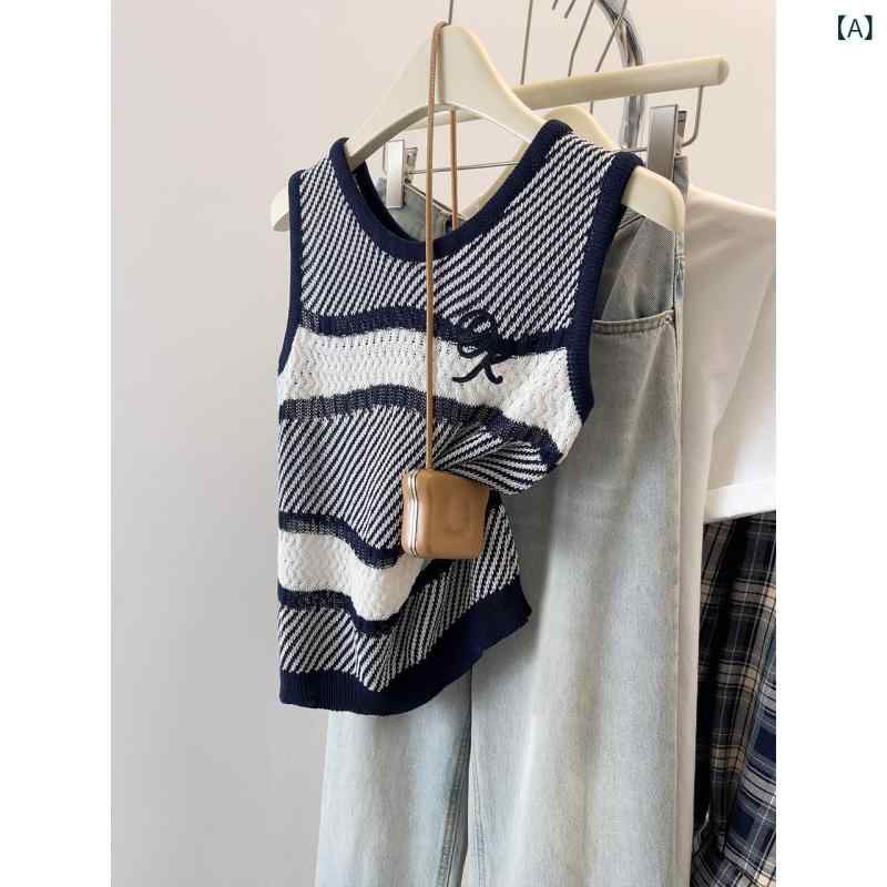 ノースリーブ ニット 女性用 2025夏 の 商品 レディース 薄手 ストライプの ニット ベスト シック Tシャツ ノースリーブ ヘビー 刺繍の トップス