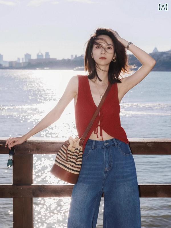快適 ノースリーブ ニット レトロ 赤い Vネックの レースアップ ニット ベスト カーディガン 夏の 女性用 美しい アウターウェア 小さい ノースリーブの トップス 高級 感