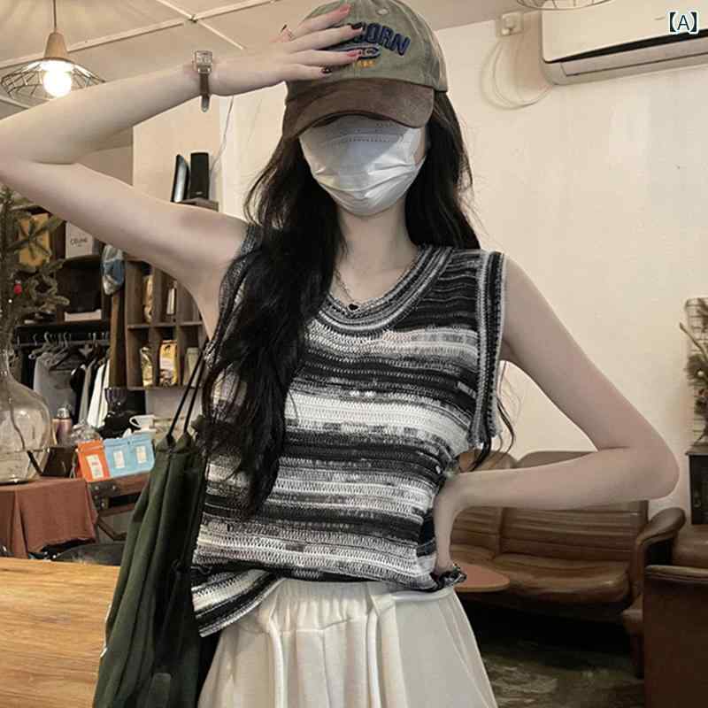 快適 ノースリーブ ニット 冷感 ニットキャミソール ベスト 女性用 2025夏 ストライプ ノースリーブベスト アウターウェア用 ホローカット
