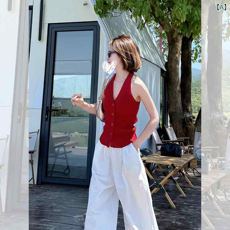 快適 ノースリーブ ニット フレンチシック 赤い ホルターネック Vネック ベスト サスペンダー レディース 夏服 ショート 冷感 ニット ノースリーブ トップス 薄手
