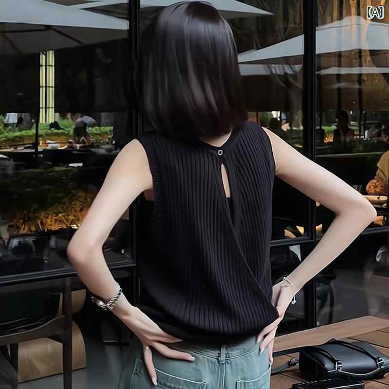 快適 ノースリーブ ニット フランスの 薄手の 女性用 バックレス セーター 2025夏 ノースリーブ Tシャツ ベスト トップ