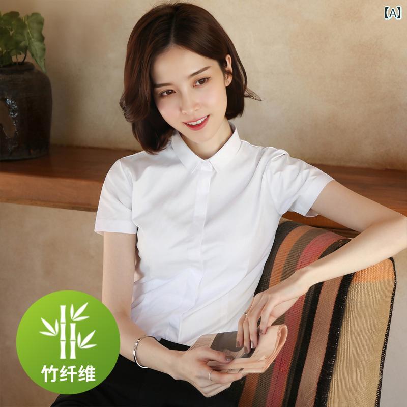 女性用 仕事服 ビジネス 竹 繊維の 小さい 襟の 白い シャツ レディース 半袖の 弾性 プロの ビジネス トップ フォーマル OL 作業着