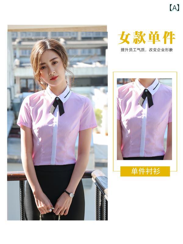 女性用 仕事服 ビジネス ホテル ケータリング ウェイター 作業着 レディース 半袖 夏 フロント レストラン ティーハウス ピンク ピンストライプ ワークシャツ