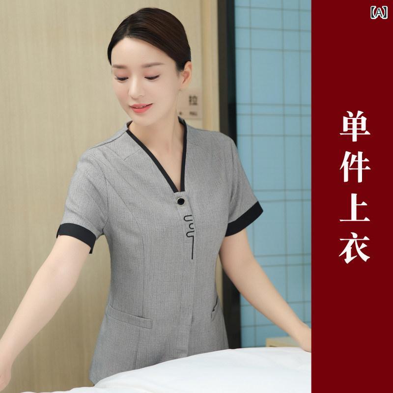女性用 仕事服 ビジネス 清掃 作業着 半袖 レディーススーツ ホテル 客室 Vネック スタッフ 夏服 物件 服 の商品写真