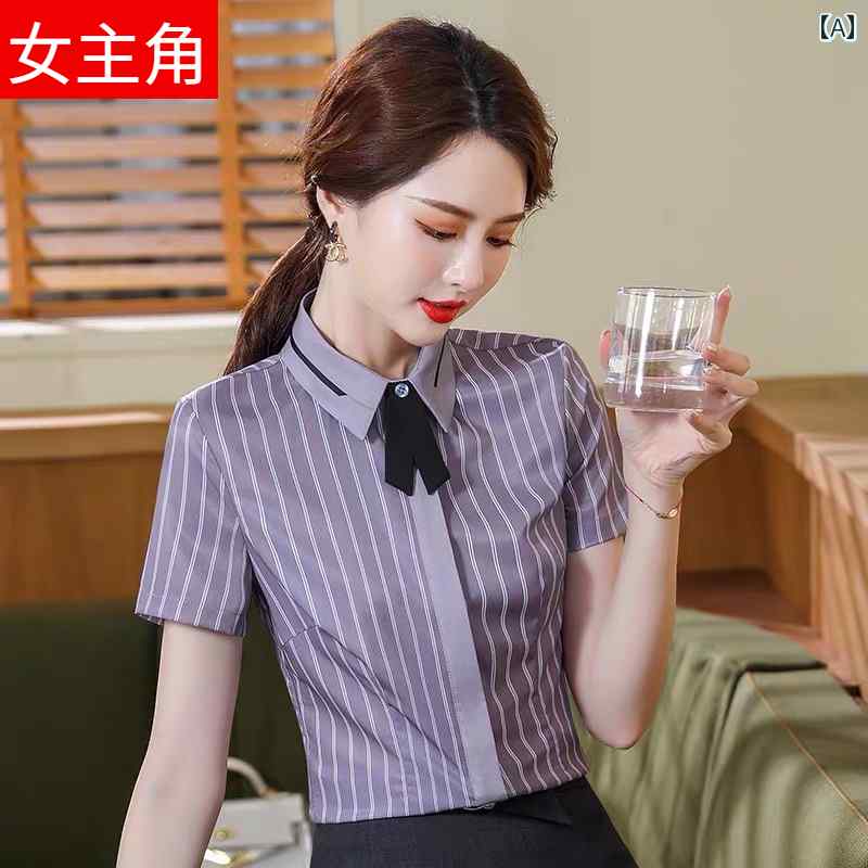 女性用 仕事服 ビジネス 夏の プロ 半袖 ストライプシャツ 女性 ホテル フロント デスク レジ 作業着 スーツ レストランウェイター シャツ