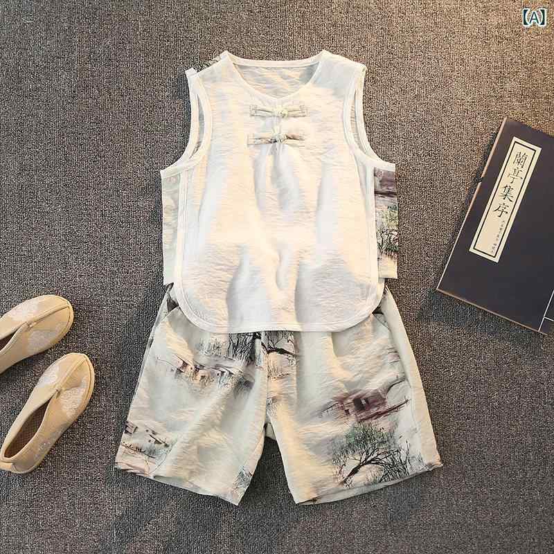 アウトドア スタイル キッズ 漢服の 男の子 夏の 綿 麻の ベスト スーツ 2024 子供用 ノースリーブの 薄手 赤ちゃんの レトロ 服