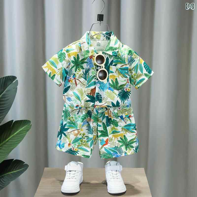 アウトドア スタイル キッズ 子供用 シャツ スーツ 夏 スタイル ベビー 半袖 花柄 男の子 ビーチ 旅行 休暇 服 親子 着用