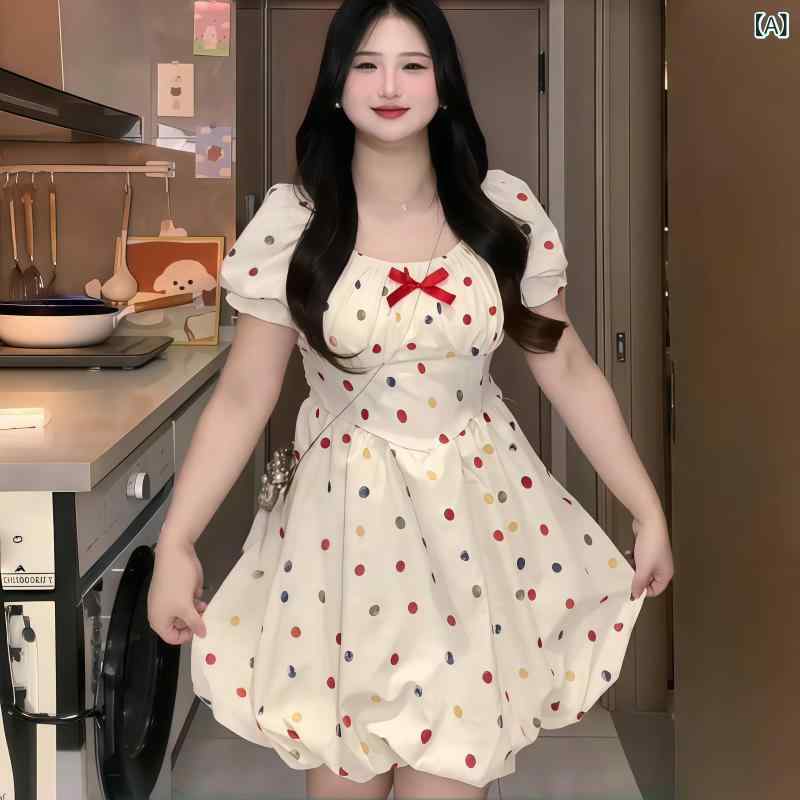 ドット 水玉 ワンピース 大きいサイズ カラフルな ドットの リボン ワンピース 夏用 やや 太め MM 新型 女の子 かわいい ファッション スリミング ふくらみ スカート